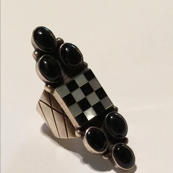 Jewelry - Native America Onyx & Pearl Ring Sterling- Signed